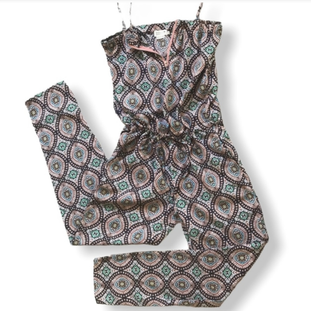 🕺 Molly Bracken Geometric Print Jumpsuit, Turquoise & Pastel Pink – S